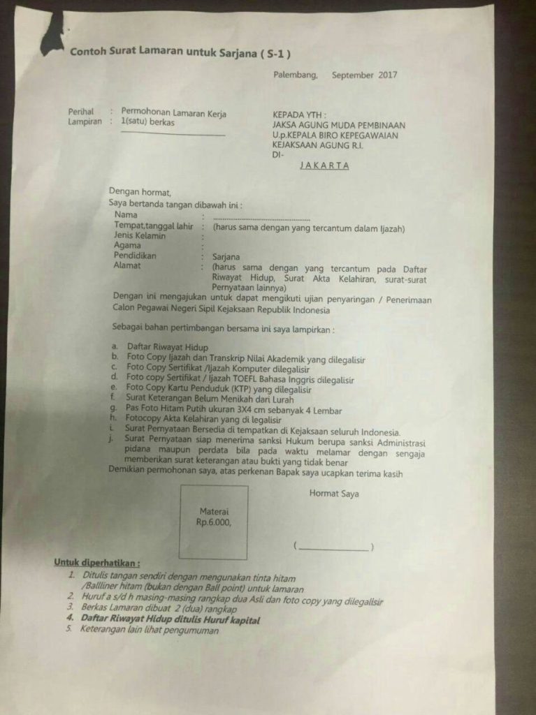 Surat Lamaran CPNS Kejaksaan Agung