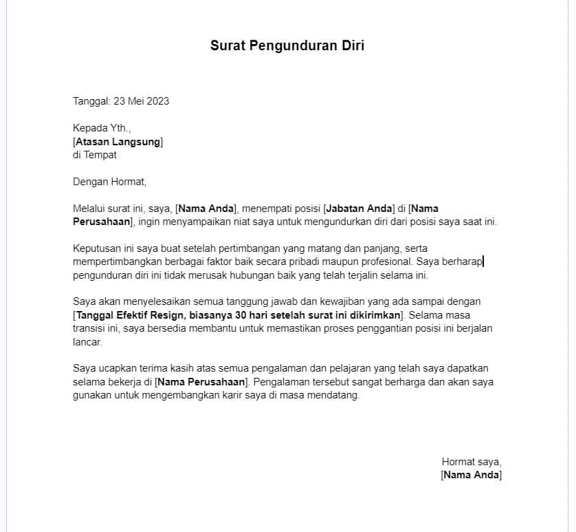 Contoh surat resign kerja